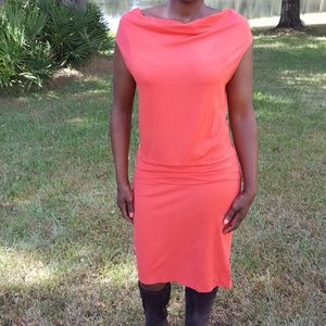 Vintage Ann Taylor Dress Midi Dressy Jersey Knee Length Sheath Stretch Coral S